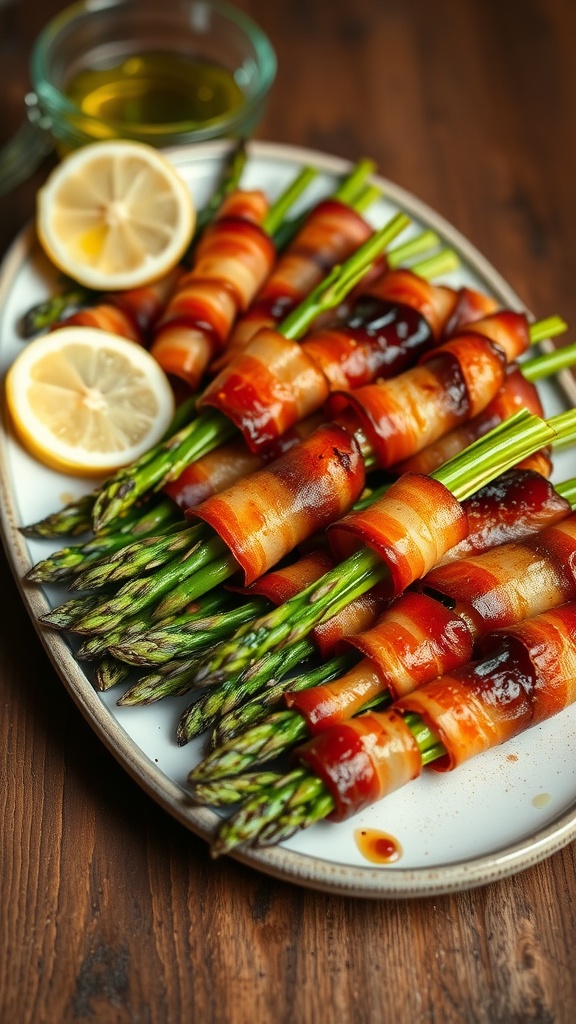 Crispy bacon-wrapped asparagus served on a plate with lemon wedges, highlighting the golden-brown bacon and vibrant green asparagus.
